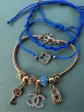 CC Gold Charm Bracelet and Blue Cord Bracelet Set